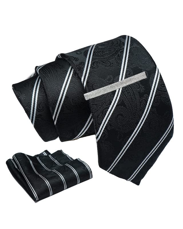 Black Striped Tie For Men – Formal Ties Set With Pocket Square & Tie Pin Clip For Mens, Silk Neckties Gift Sets For Men’s (AXNW14)-image-35