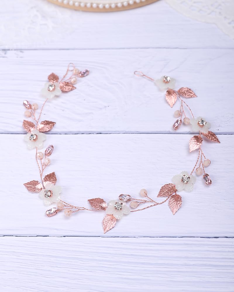 Haarband mit rosegoldenem Blatt und weißer Blume, für Hochzeit, Braut, Brautjungfer, handgefertigtes Stirnband, Haar-Accessoires