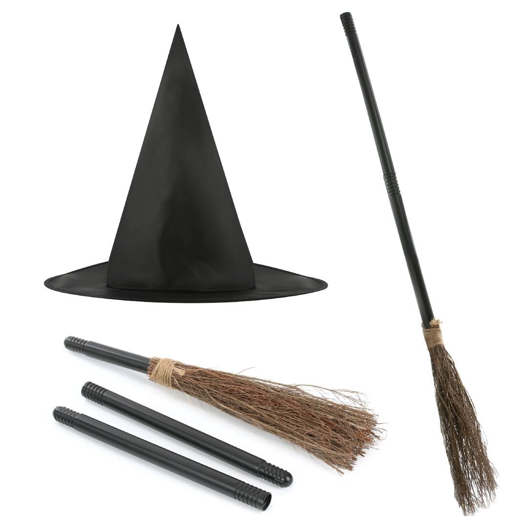 I LOVE FANCY DRESS Ladies Witch Accessory Set - Black Pointed Witch's Hat and 3-Piece Witch Broom - Kids Halloween Trick or Treat Costume Accessory Set