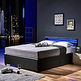 HOME DELUXE - LED Bett NUBE - Schwarz, 140 x 200 cm - inkl. Matratze, Lattenrost und Schubladen I Polsterbett Design Bett inkl. Beleuchtung
