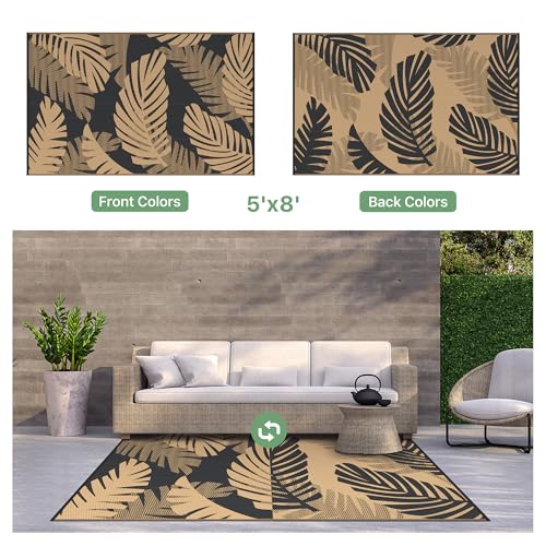 GENIMO Waterproof Outdoor Rug 5' x 8' for Patio Decor, Reversible Plastic Straw Area Rugs for Camping Clearance, RV Mat, Large Outside Carpet for Porch, Deck, Picni, Balcony, Garden, Black & Brown by GENIMO - Used condition - Image 7