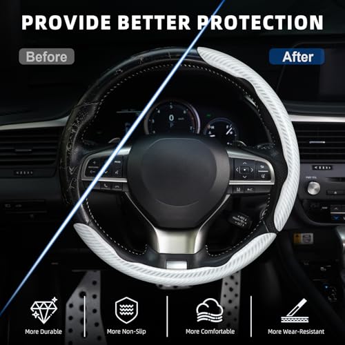 Image of Amiss 3pcs Carbon Fiber Anti-Skid Steering Wheel Cover, Waterproof Design, Universal Fit for 14-16 Inch Car Wheel Cover, Interior Car Accessories for Jeeps, SUVs, Trucks (Glossy White)