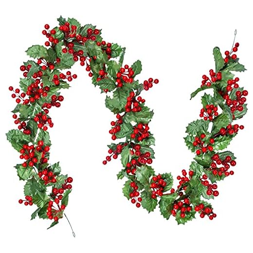 KAHEIGN Guirlande de Noël Baies Rouges, 175cm Guirlande de Baies Artificielles Guirlande de Verdure Flexible avec Baies Rouges et Feuilles de Houx pour Décoration du Nouvel de Noël d'hiver