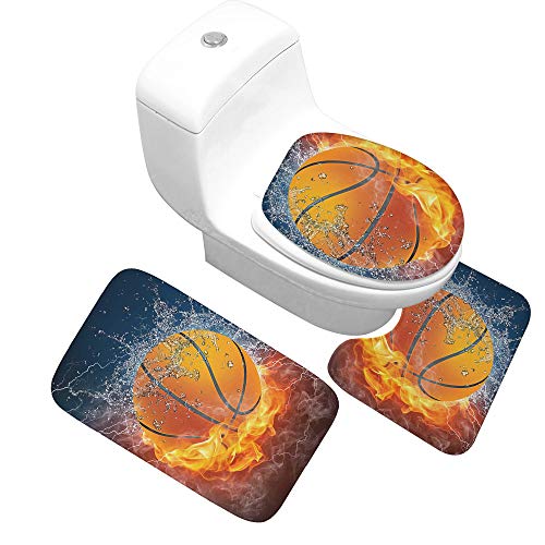 Badteppich Set,Badematten Teppich-Set 3-Teiliges Wasserfeuer Basketball 3D-Druck Rutschfeste Badematten Weiche…