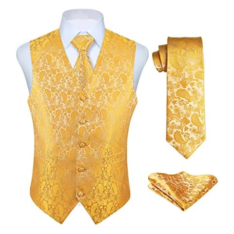 Enlision Men's Waistcoats Paisley Yellow Wedding Waistcoat Tie Pocket Square Jacquard Party Suit Vest Set XL Cover