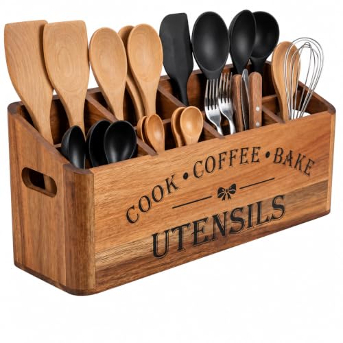 YanKiTour Acacia Wood Utensil Holder, 4 Compartments, Countertop or Wall