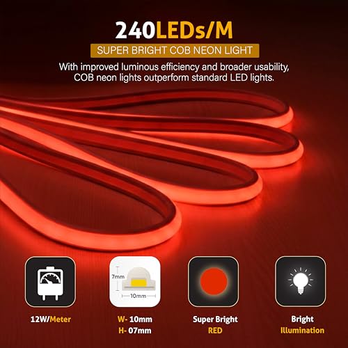Image of Forus 20M LED Neon Strip Light Red, 240 LEDs /M High Brightness COB Neon Rope Light, Waterproof IP65 Flexible Silicone Strip, Cuttable LED Light for Home, Bedroom, Wall Decor, Shop, Festival Lighting