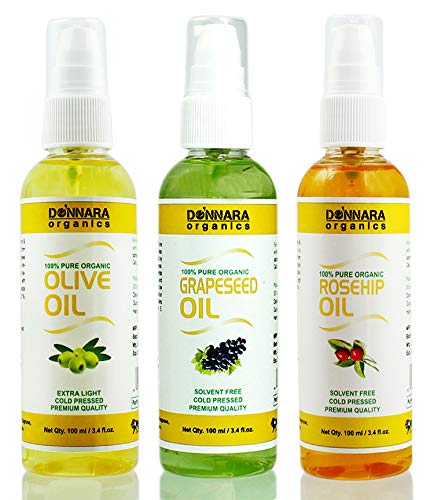 Premium Olive oil, Grapeseed oil & Rosehip oil – Cold Pressed For Hair, Skin, Anti-Ageing Combo pack of 3 bottles of 100ml(300 ml)