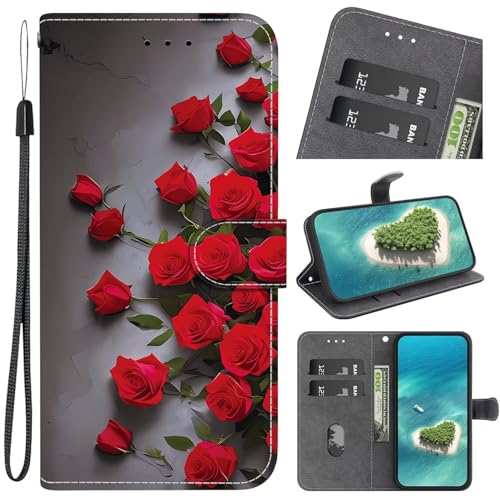 Funda para Nokia C21 [piel sintética de alta calidad] [tarjetero] [función atril] TPU resistente a los golpes Funda de piel para Nokia C21, rosa roja