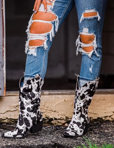 Cowboy Boots for Women Mid Calf Cowgirl Western Boots Cow Print Pointed Toe Chunky Heel Shoes US4-112