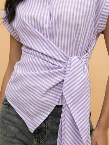 Image of Women Striped Wrap Style Cotton Shirt Drop Shoulder Casual Wear