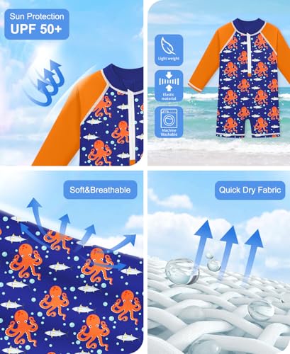 Image of BesserBay Baby Boy Swimsuit UPF 50+ Zip Front Long Sleeve Snaps Bottom One Piece Rash Guard 0-36 Months