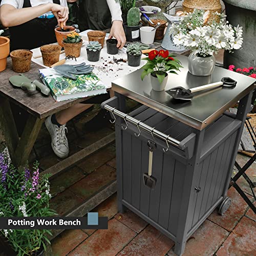 Korvos Movable Portable Outdoor Table, Stainless Steel Patio Kitchen Island, Storage Cabinet With Wheels And Side Shelf, Inclouding Four Accessory Hooks For Outdoors(Grey Color) #TOP5