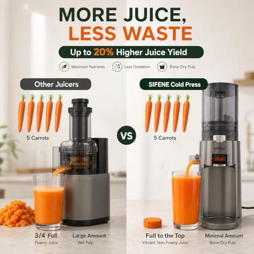 Image of SIFENE Cold Press Masticating Juicer for Whole Produce, 100mm Chute, Gray | 600ml juice cup and 800ml pulp cup, 60 RPM slow squeeze, reverse function, BPA-free food-contact parts, apple and celery prep