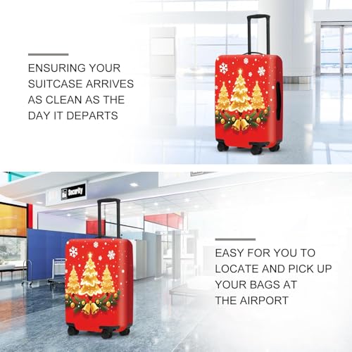 Image of Golden Tree Luggage Cover - Shimmering trees, bells, and holly leaves on a red background, an elegant holiday design, suitable for 32-34 inch suitcase extendable protective cover