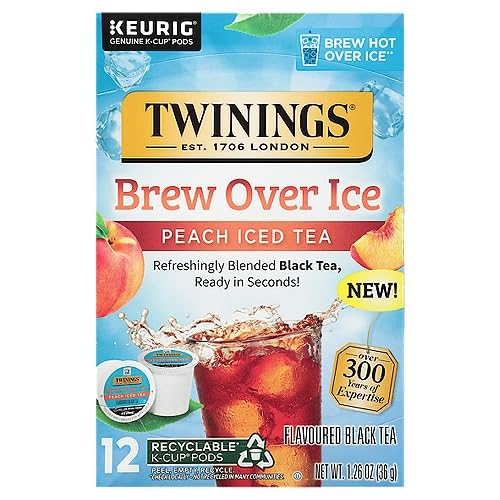 Twinings Brew Over Ice Unsweetened Peach Flavoured Black Iced Tea K-Cup Pods for Keurig, Caffeinated, 12 Count