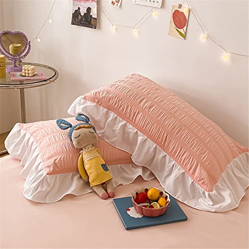 Girls Pink Ruffled Bedding-3 Pieces Queen Seersucker Duvet Cover Textured Stripe Style, Soft Lightweight, Washed Microfiber, Zipper Closure And Ties #TOP2
