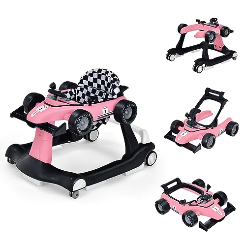 LIFEZEAL Andador para bebés, 6-18 meses, baby walker plegable con ruedas silenciosas, caminante con Empuje Regulable en Altura, coche de aprendizaje móvil con música y luz (Rosa)
