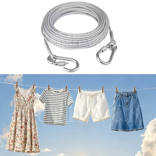 Image of Rushwak Stainless Steel Clothes Drying Rope with Carabiner Hooks Heavy-Duty Rust-Proof Cloth Rope for Drying Clothes Thick Steel Wire for Clothes Drying Portable Indoor & Outdoor Clothesline - 5 Meter