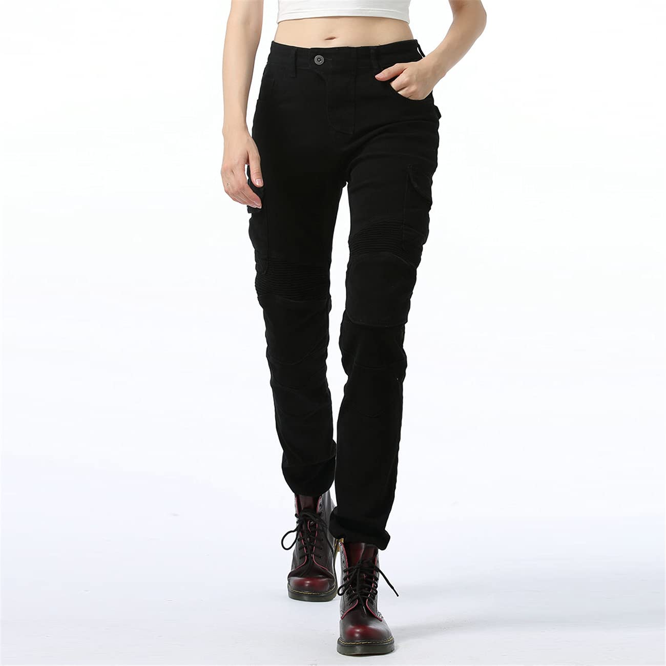 Donna Pantaloni Da Moto Jeans Stretch Multitasche Protettivi Denim Moto Pantaloni Anticaduta Biker Motociclista Pantalone Con 2 Protezioni Ginocchia E 2 Protettori Anca (Black,XXS)