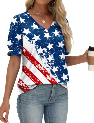 Image of OFEEFAN Womens Tops Short Sleeve Shirts Buttons V Neck Spring Fashion Summer Outfits Plus Size Blouses Dressy Casual