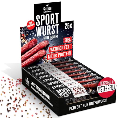 Grillido Original Sportwurst 25x25g (625g) mit knackiger Konsistenz - Pork Jerky Low Fat mit 42% Eiweiß - Geschenke für Männer, Pork Jerky, Bacon Snack, Protein Snacks ohne Zucker, Snacks gesund