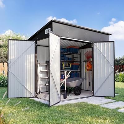 Aoxun 7.5'x5.5' Triple Door Shed Outdoor Storage Shed with Three Lockable Door for Easily Accessing Metal Storage Cabinet with Slopping Roof for Tools Bicycles Storage for Garden, Backyards (Black)