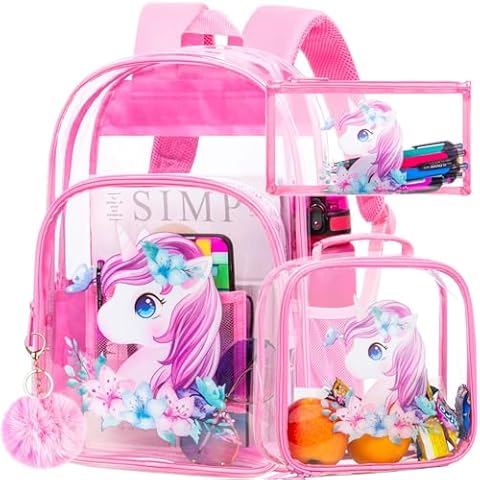 KLFVB 3PCS Clear Backpack for Girls, Kids See Through School Backpacks Stadium Approved, Transparent Bookbag for Elementary Preschool- Pink Unicorn Cover