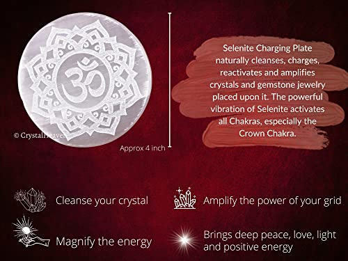 Image of Crystal Heaven Certified Selenite Crystal Charging Plate, 4 Inch Engraved Om Flower Of Life Selenite Plate For Crystal Cleansing Re-Energy Work, Meditation And Pooja