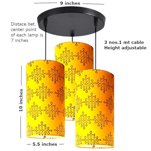 Image of 3 Set Hanging Cluster Light - Pendant Lamps in Cylindrical Shape for Living Rooms /Bed Rooms (Printed Kolam)