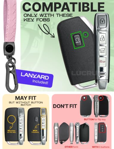 Image of Lucrum Key Fob Cover for Kia, TPU KeyFob Case & Leather Keychain | Fits NOT FLIP Sportage Soul Forte Telluride EV6 Niro K5 Stinger, 5 Buttons (2018-2025) - Pink and Black
