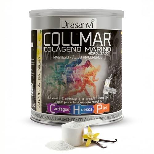 Drasanvi COLLMAR Colágeno Marino Hidrolizado con Ácido Hialurónico, Magnesio, Vitamina C | para cartílagos, huesos y piel | Sin edulcorantes |Alta dosis 9.717 mg/dia |300g de polvo | Sabor Vainilla