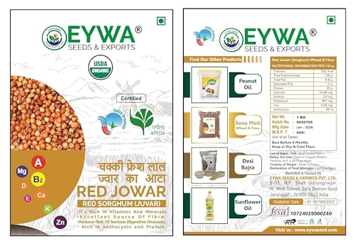Image of Eywa Seeds & Exports Pvt Ltd Organic Red Sorghum Flour (1 Kg) For Eating And Cooking|Lal Juvar Atta|Produce Of India From Organic Farms