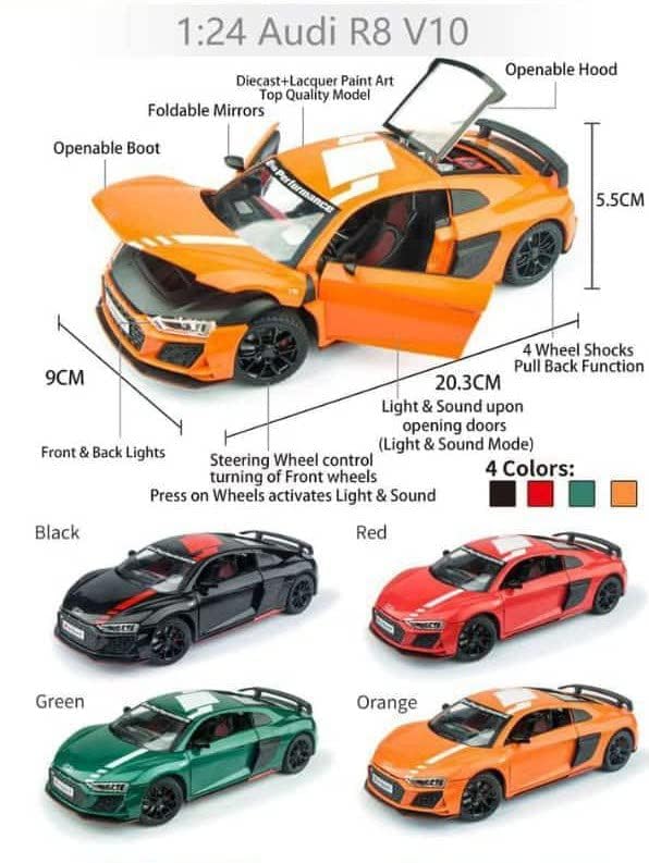 Image of Audi R8 1:24 Model Car with Box, Zinc Alloy Pull Back Toy car with Sound and Light for Kids Boy Girl Gift [Colors as Per Stock]