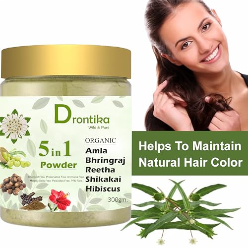 Image of Drontika Wild & Pure 100% Organic 5 In 1 Amla, Reetha, Bhringraj, Shikakai & Hibiscus Powder Combo For Hair Growth & Hair Mask 300Gm. Count1