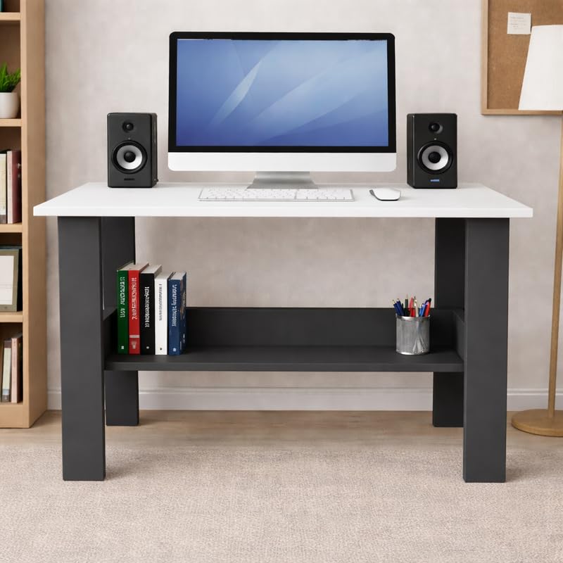 Modern Computer Desk with Storage Shelf, Wooden Study Table for Home & Office, Multipurpose Workstation Table for Laptop, Writing & Study, Grey & White-image-7