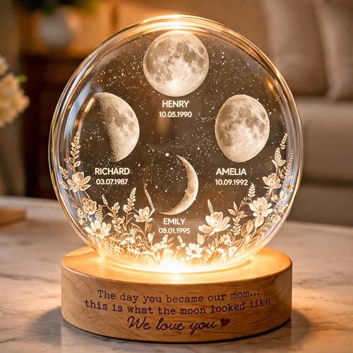 CustomsMerch Personalized Moon Phase Night Light Custom Mom 3D Crystal Ball Lamp Moon Phase Gifts Moms Moons Decor Moons Lamp Gifts for Grandma Gift Birthday Mothers Day for Mom Women