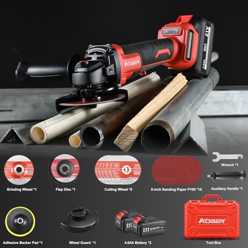 Image of AOBEN 21V Cordless Angle Grinder Tool, 4-1 /2 Inch Power Brushless Cut Off Grinder, Paddle Switch, with 2x4.0Ah Battery & Charger, Electric Handheld Grinder for Metal Cutting, Grinding, Polishing