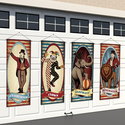 Image of Panelee 4 Pcs Vintage Carnival Circus Party Decorations Circus Clown Elephant Ringmaser Porch Banner Side Show Party Hanging Backdrop for Halloween Birthday Baby Shower Wall Indoor Outdoor Decor