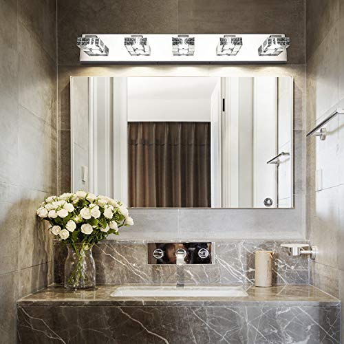 SOLFART 5 Lights 31.5 Inches Modern Glass Stainless Steel Vanity Light Over Mirror Long Bathroom Lighting Fixtures LED Vanity Light