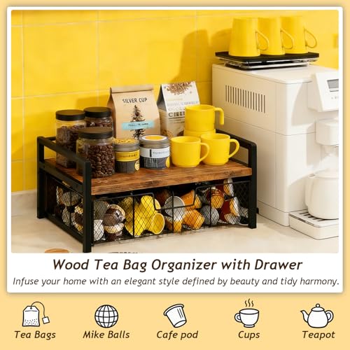 Tea Bag Organizer, Tea Bag Organizers and Storage with Drawer, Tea Bag Holder Natural Wood & Metal with 8 Compartments, Tea Storage Chest Container Box for Countertop Kitchen with 4 Hooks — view 3