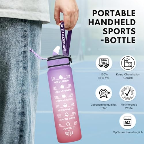 2 Stück Trinkflasche 1L, BPA-Frei Tritan Wasserflasche mit Strohhalm, Sport water bottle mit Zeitmarkierung für Fitness, Schule, Yoga, Outdoor (2 Stück Weiß-Schwarz, Lila Hellorange) – Bild 3