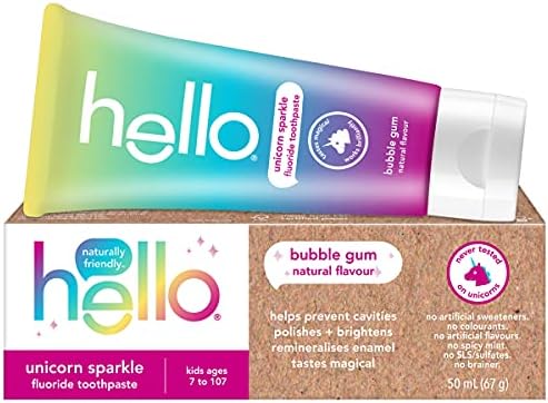 Hello Unicorn Sparkle Fluoride Kids Toothpaste, Natural Bubble Gum Flavour, Vegan, SLS Free, 50 ml