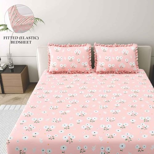 Image of Dream Weaverz- Polycotton Printed Double Bed Size Fitted Elastic Bedsheet,2 Pillow Cover,260 Thread (72 inch x 78 inchx7 inch) Home, Bedroom (Salmon Pink, King)