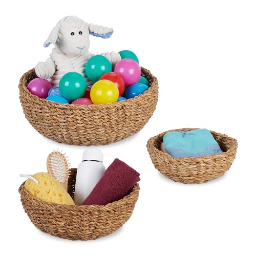 Relaxdays Aufbewahrungskorb, 3er Set, Seegras, 3 Größen, geflochten, Badezimmer, Deko, runde Utensilienkörbe, Natur