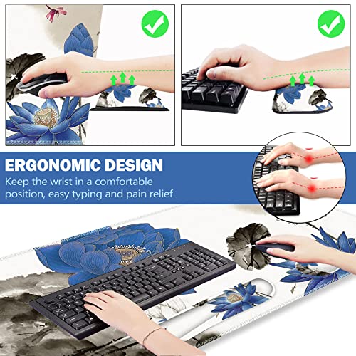 Image of ARTSO Extended Gaming Mouse Pad Set, Keyboard Wrist Rest Support Pad + Wrist Cushion + XXL Large Mouse Pad + Coaster, Stitched Edge, Non-Slip, Memory Foam Desk Mat, Blue Lotus Ink Painting