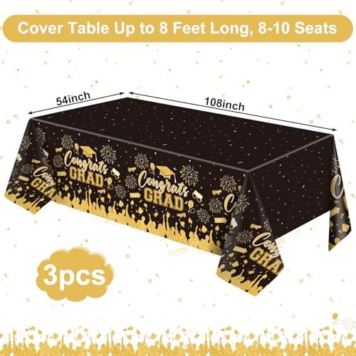 Image of 3 Pack Plastic Graduation Tablecloth, Graduation Decorations Class of 2026 Disposable Rectangle Black and Gold Table Cover, 2026 Gongrats Grad Table Cloths for Graduation Party Decorations, 54x108