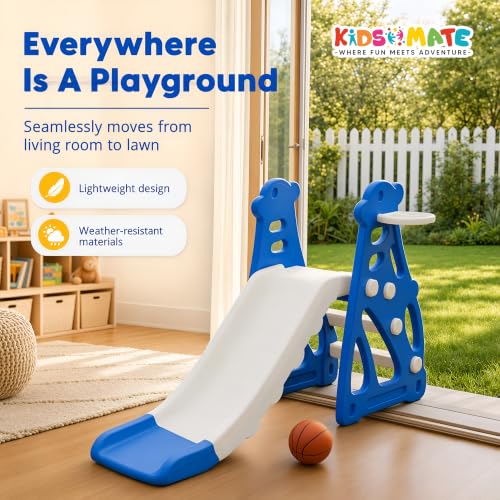 Image of Kidsmate Super Slide for Kids 2-5 Yrs | Indoor & Outdoor Slide with Basketball Ring | Anti-Slip Steps & Safe Rounded Edges | Lightweight & Sturdy | Quick Assembly | Max Load 25kg - Blue & White