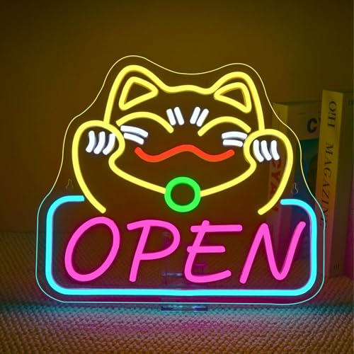 Image of ineonlife Lucky Cat Open Neon Sign Cute Cat Neon Signs for Wall Decor Led Light for Used In Restaurants Ramen Shops Izakaya Sushi Restaurants Shop Decorations Business Opening Gift