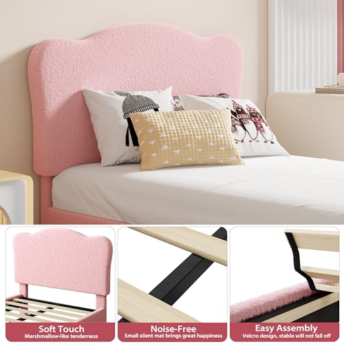 Image of GarveeHome Upholstered Full Size Bed Frame for Kids with Scallop Headboard, Cute Velvet Full Bed for Girls, Boys, Sturdy Platform Bed, No Box Spring Needed, Wooden Slats, Noise Free, Pink